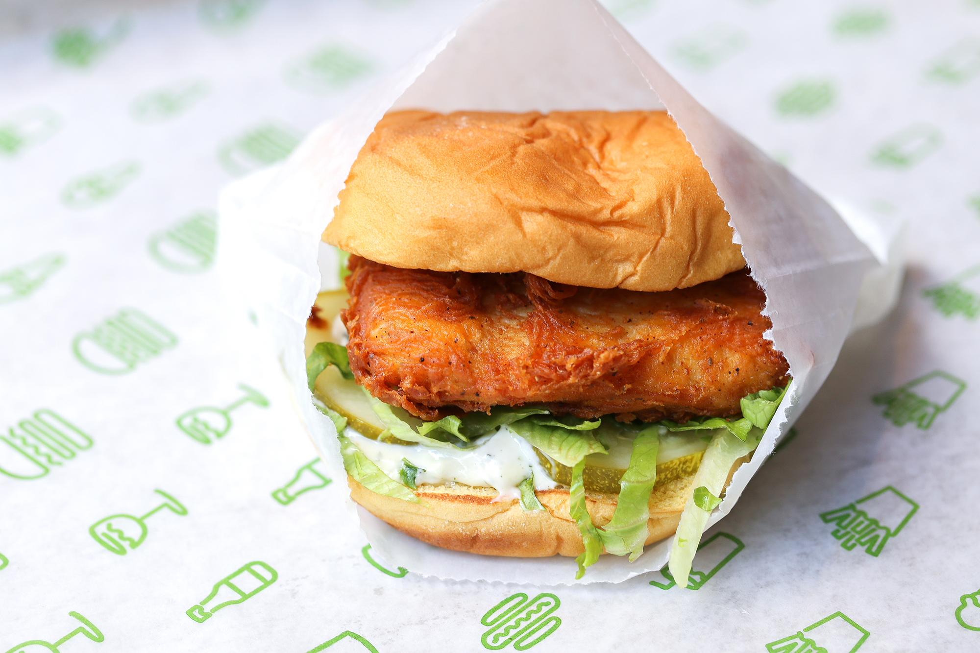 Chick’n Shack: crispy chicken breast with lettuce, pickles, and buttermilk herb mayo.