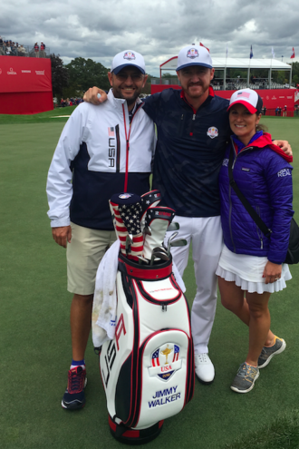Julie Fox with pro golfer Jimmy Walker (center) and his caddy Andy Sanders.