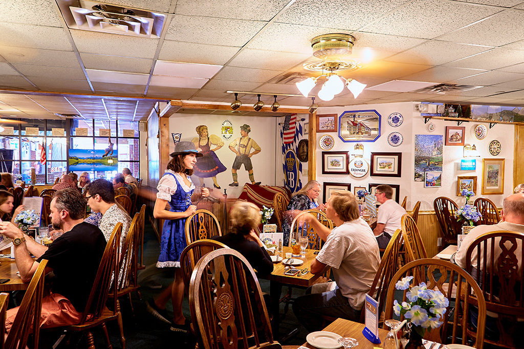 SCHNITZEL AND GIGGLES: You can’t go wrong with polka music, lederhosen-clad waiters, spaetzle, sauerbraten, strudel, and more than 70 kinds of German beer.