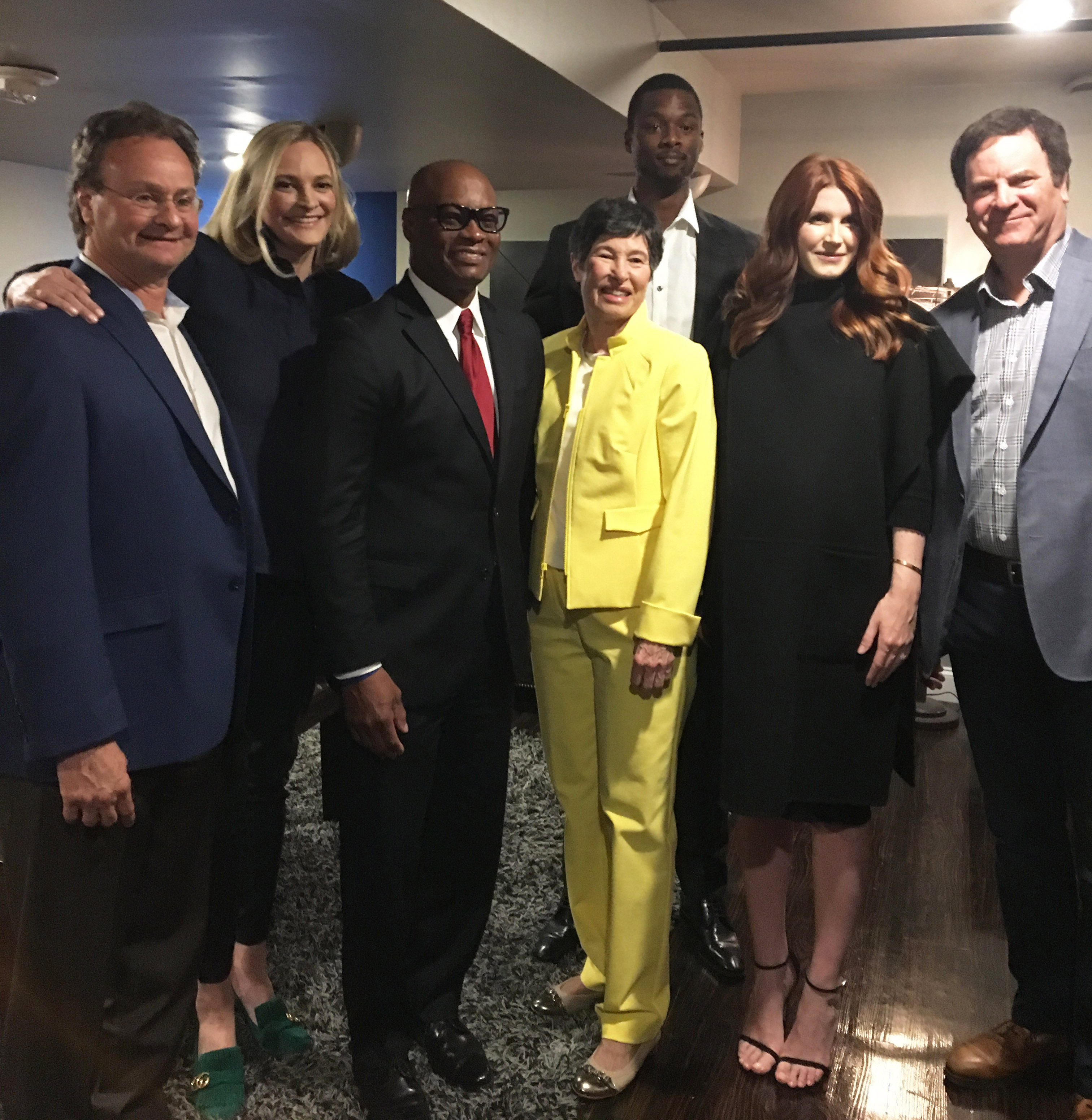 Emcee Ken Barth, United Way CEO Jennifer Sampson, former Dallas Police Chief David Brown, philanthropist Lyda Hill, Dallas Maverick Harrison Barnes, rewardStyle co-founder Amber Venz Box, and Broadcast.com co-founder Todd Wagner came together Thursday evening for OneUp the Pitch.