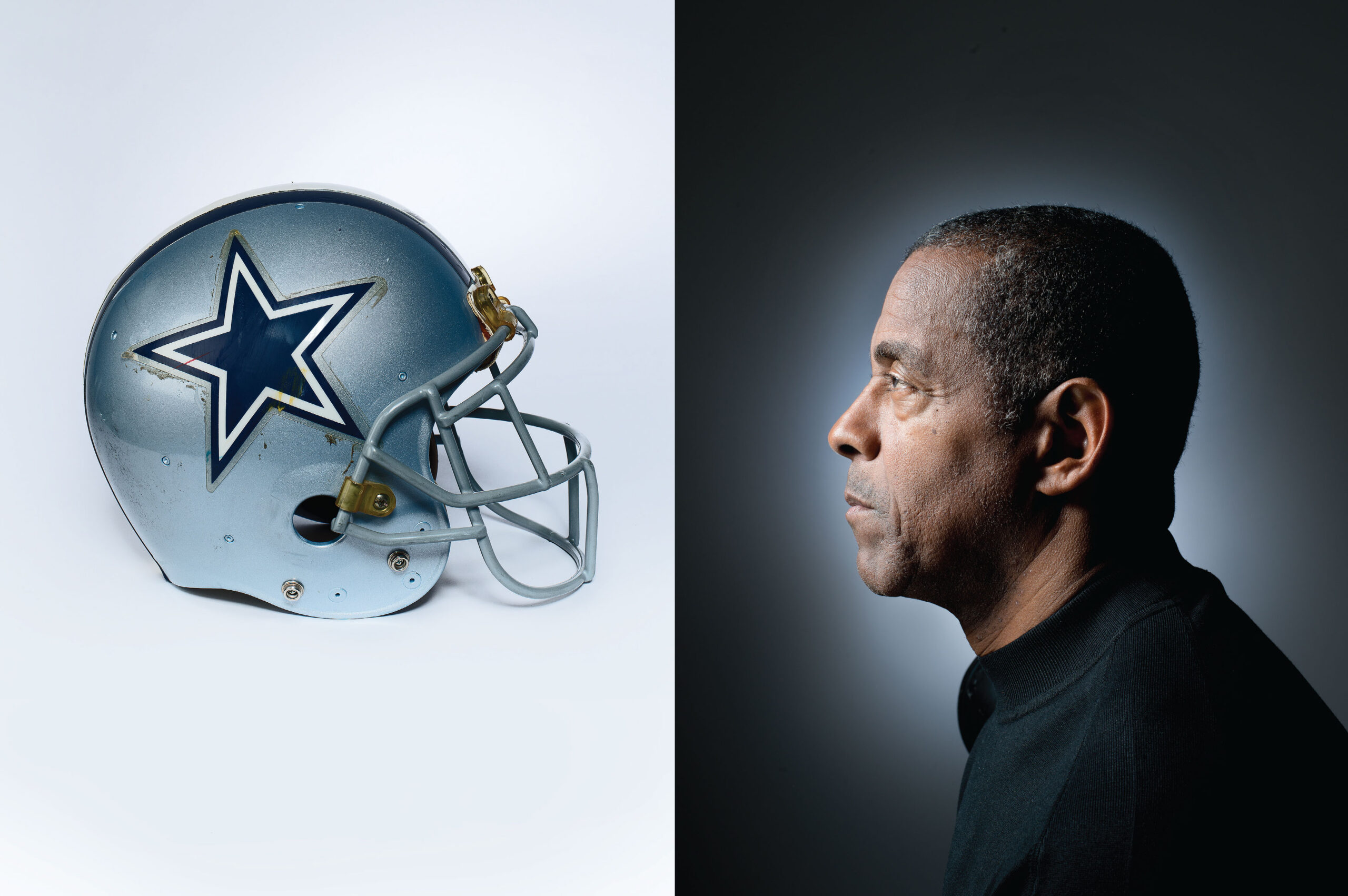 COLLISION COURSE: Dorsett, photographed in his home December 19, 2013, faces his old, battle-scarred helmet. From "Tony Dorsett Is Losing His Mind," February 2014.
