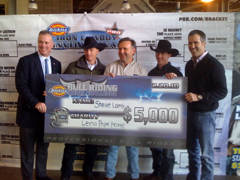 Let's just say that the judging was uneven. WBAP's Steve Lamb won $5,000 for the Lena Pope Home, which sounds to me like a very made-up charity. I think Lamb scored a 39 or something ridiculous like that. From left: Stephen Jones, Ty Murray, Lamb, Kody Lostroh, Randy Bernard.