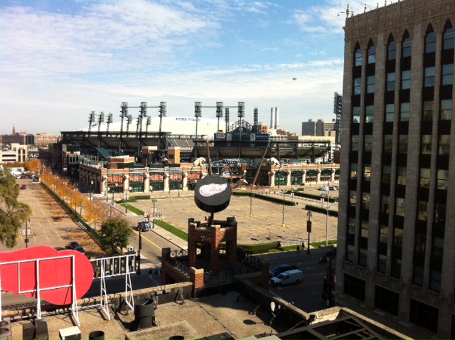 "View from parking garage. Note red wing puck at Hockeytown restaurant in foreground."