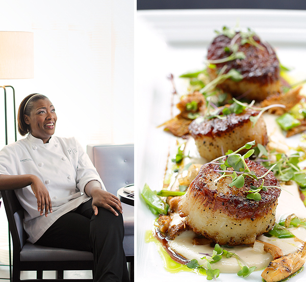 (from left) Chef Derry opts not to work the room, and pan-seared scallops. (Photography by Kevin Marple)