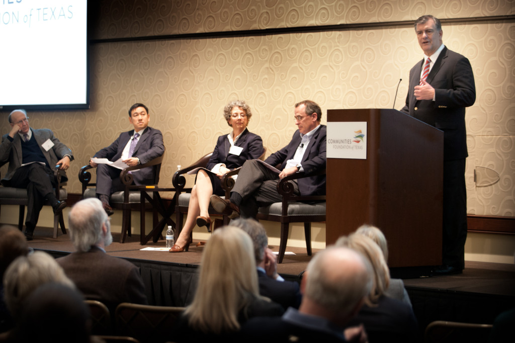 Mayor Mike Rawlings addresses a Community Foundations of Texas event Tuesday. Left to right: L to R: Bill McKenzie; George Tang; Regina Nippert; Todd Williams; Rawlings. Photo: Kim Ritzenthaler Leeson