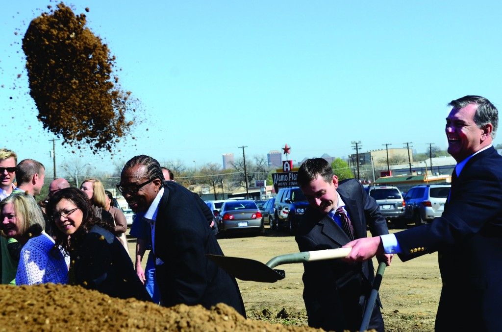 Delia Jasso, John Wiley Price, Scott Griggs, and Mayor Mike Rawlings throw their ceremonial dirt at yesterday's Sylvan Thirty groundbreaking. Photo: Chris McGathey