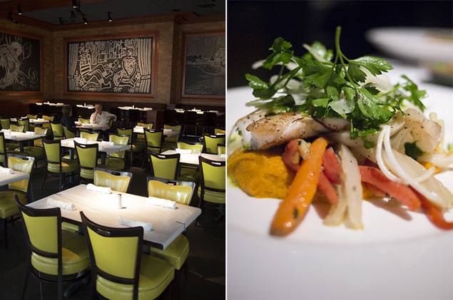 Restaurant dining room interior (left);  Massachusetts Haddock (right) photography by Louie Solomon