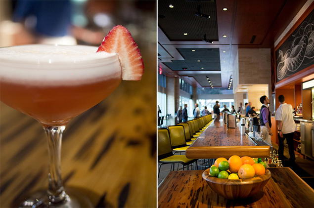 trawberry Portón, made with Pisco Portón, fresh strawberries, pineapple syrup, egg white, lime juice and habanero bitters (left); bar made from 200-year-old wood (right)