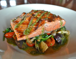 Copper river salmon plated at Whiskey Cake