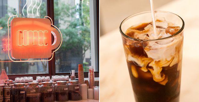 Neon sign (left) and cold brew (right)