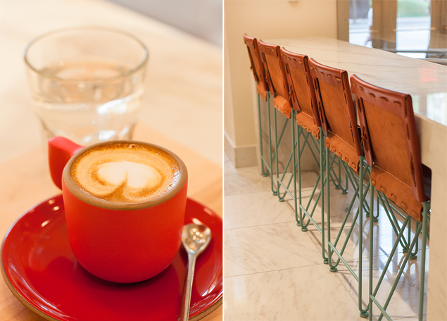 Machiatto with seltzer water (left); seating area (right)