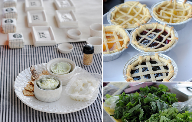 Goat milk products, pie, and greens at the market