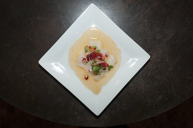 First Course - Snapper Crudo with Blood Orange Leche De Tigre, and Pomegrante Seed