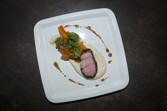 Second Course - Coffee and Coriander Crusted Veal Tenderloin with Celery Root Puree, Pickled Kabocha Squash
