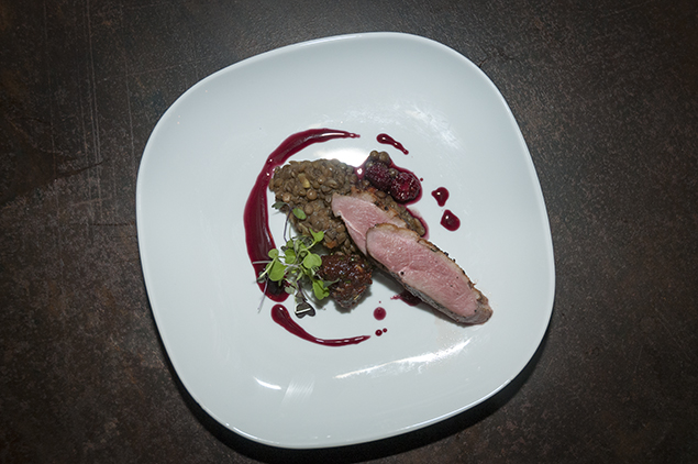 Third Course -  Pan-Roasted Duck Breast with Lentil Stew, Stone Fruit Tapenade, Blackberry Gastrique