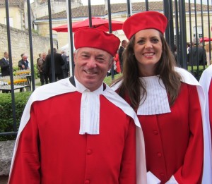 Members of the Jurade de Saint Emilion (father and daughter) gather for the launch of harvest celebration.