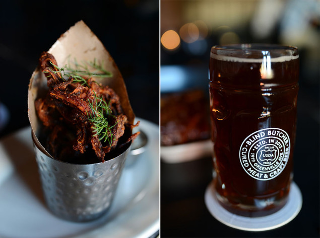 Braised pig ears (left); Franconia Marzen (right)