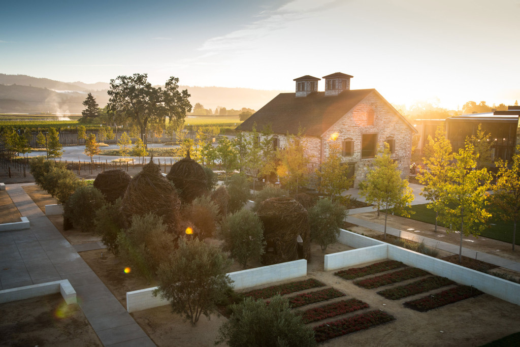 The Bergfeld winery building and Patrick Dougherty stickwork art at HALL St. Helena.