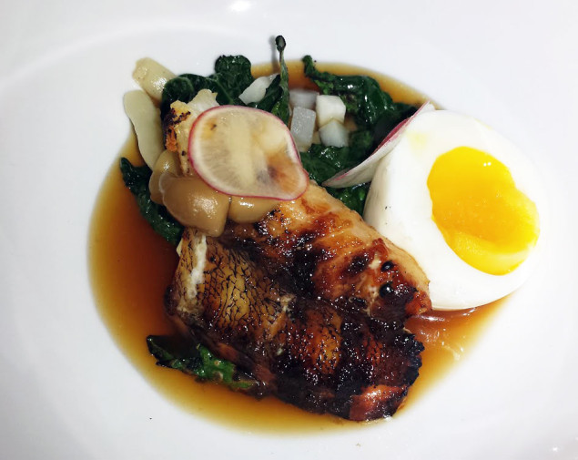 Grilled Lionfish with Charred Fish Bone Dashi, Toscano Kale, Radishes, Hoj Shimenji and Farm Egg