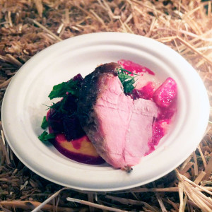 Coffee-cured ham served with a beet salad on top of butternut squash (photo by Lindsey Beran)