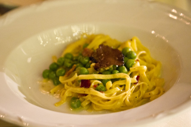 Tagliolini with Black Truffles, Smoked Bacon, English Peas and Truffle Butter