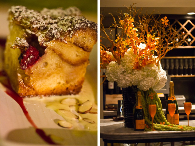 White Chocolate Brioche Bread Pudding, Vanilla Crème Anglaise and Raspberry Coulis (left); Veuve Clicquot bottles and glasses (right)