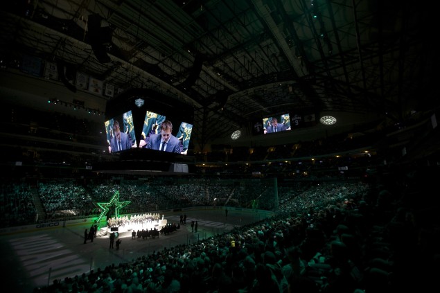 The sellout crowed erupted over and over as Modano spoke.  (photo by Chris McGathey)