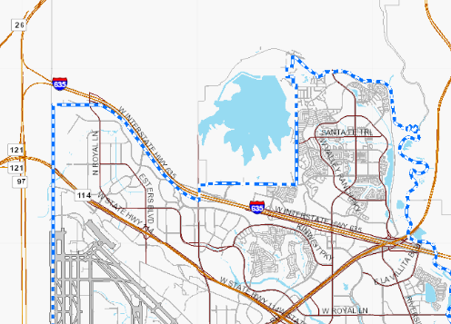 The dotted blue line show the northwestern boundaries for the city of Irving. Sources say 7-Eleven's site is along LBJ Freeway, south of Hackberry Road/Ranch Trail Drive.