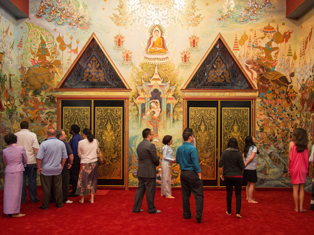 Hand-painted walls inside of the Buddhist temple 