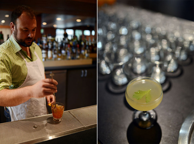 Michael Martensen, doing what he do (left); fine apple cocktail (right)