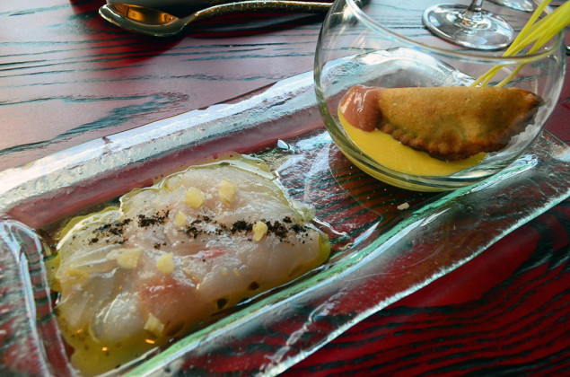 Grouper tiradito, fennel criollo, vanilla (left); mushroom-huitlacoche empanada, guava, pop corn shoots (right)