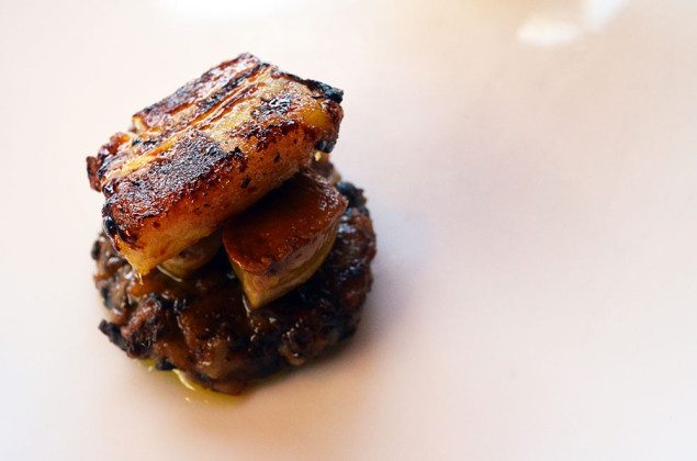 Foie gras tacu tacu with caramelized banana. (Tacu Tacu is a bean and rice dish in Peru that's usually served with fruit, as well.)