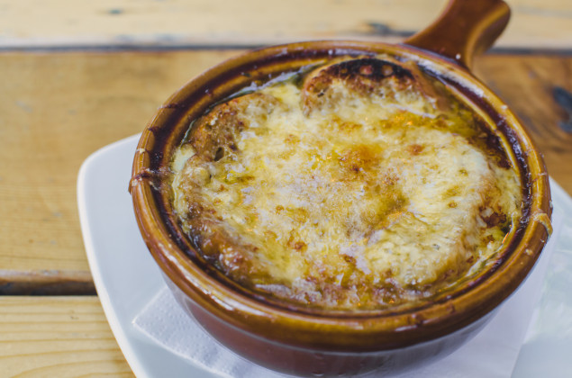 Onion soup at Boulevardier. (photography by Mimi Hoshut)