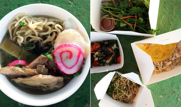 Hapa ramen (left); Vietnamese crepe and garlic noodles (right)