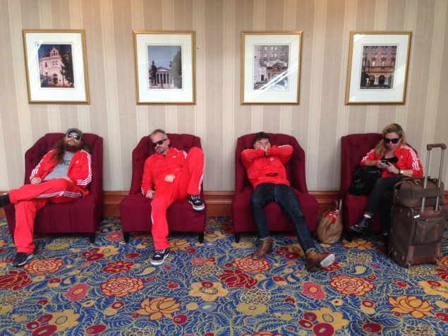 (from left) Michael J. Mooney, Zachary M. Crain, Bradford J. Pearson, and Liz "Elizabeth" Lavin looked a ragged upon arrival at the Marriott Wardman Park in D.C.