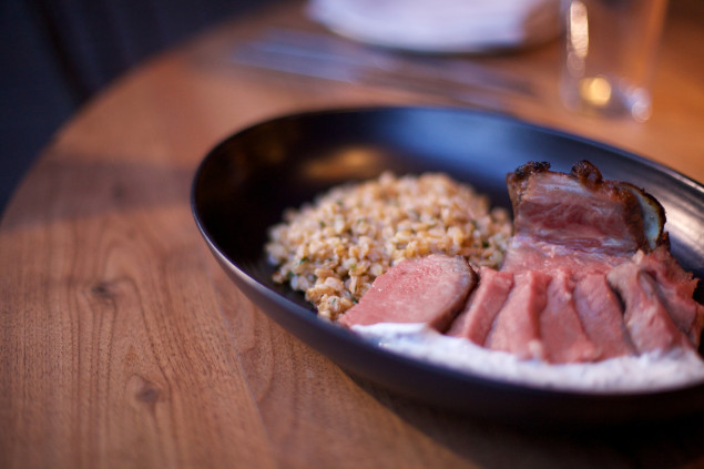 Wood-Grilled Sterling Lamb Saddle with Farro and Goat's Milk Yogurt.