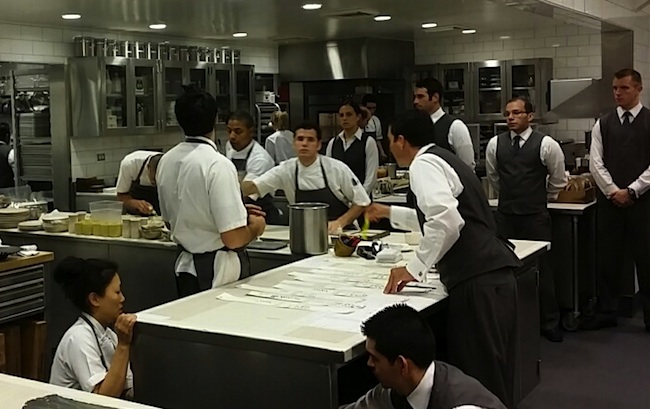 Kostow leading his staff in the pristine Meadowood kitchen