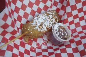 A waffle and chicken on a stick from last year's Taste of Dallas. Credit: Kellie Spano for D Magazine. 