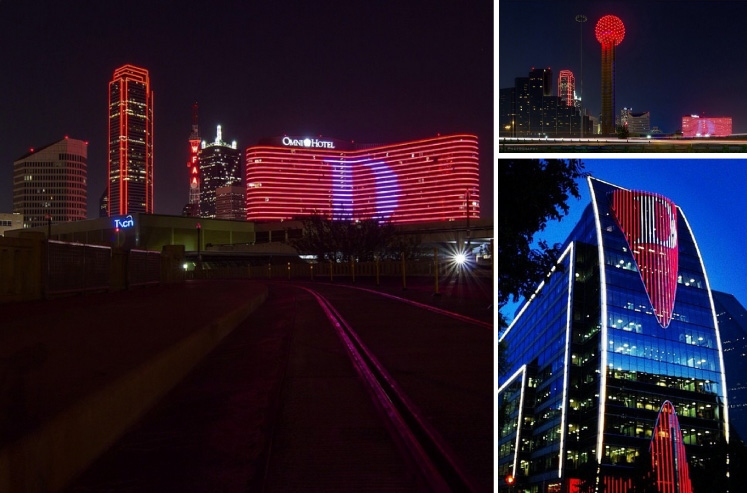 A collage of photos of Downtown Dallas turning red for D Magazine's 40th anniversary.