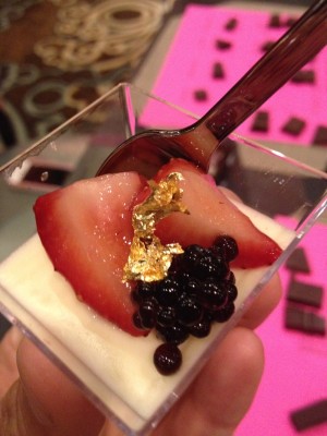 White chocolate mousse with balsamic pearls, by Haute Sweets.