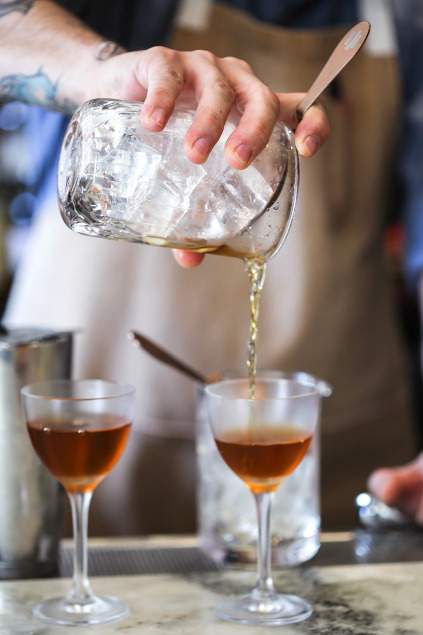 Barrel-aged Manhattans at FT33. Photo by Catherine Downes. 