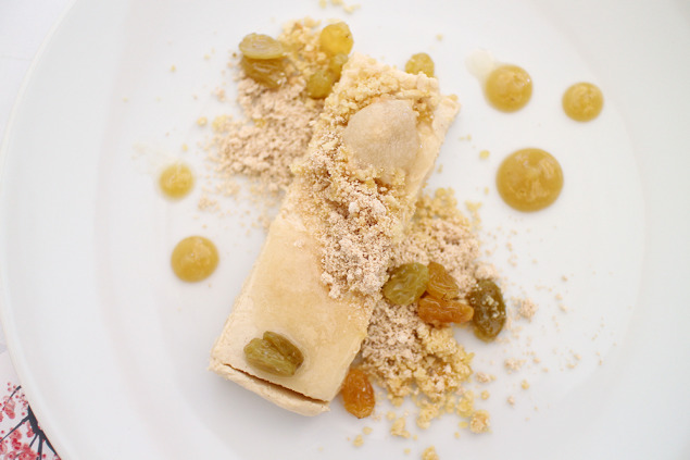 Peanut Butter Semifreddo, apple miso sorbet, peanut brittle and wasabi. Photo by Matthew Shelley. 
