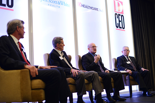 Methodist Health System CEO Dr. Stephen Mansfield, Baylor Scott & White Health CEO Joel Allison, UTSW Executive Vice President for Health System Affairs Dr. Bruce Meyer, and Texas Health Resources CEO Barclay Berdan during a breakfast panel on Nov. 5, 2014.