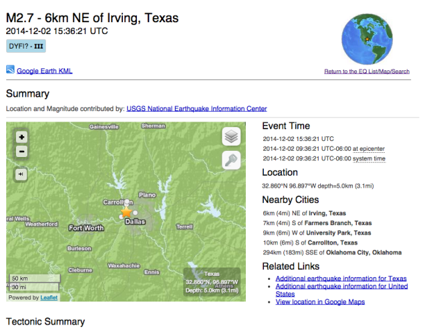 Irving December 2 earthquake USGS