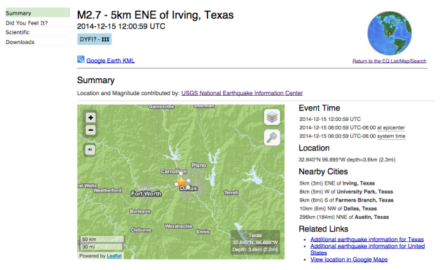 December 15 Irving earthquake