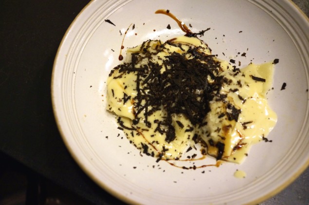Oxtail and chicken liver agnolottie with parmesan, aged balsamic and grated black truffle. Photo by Brad Murano.