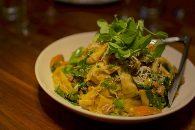 Pappardelle with Lamb Ragu, Carrots, Peas and Mint. Photo by Kim Duffy.