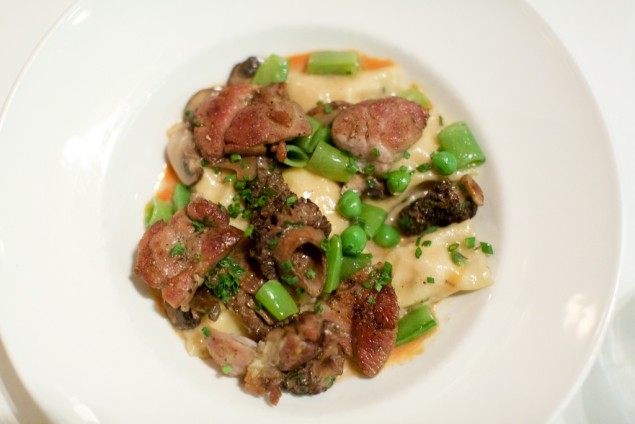 Lobster Agnolotti with Veal Sweetbreads, Snap Peas and Morel Mushrooms.