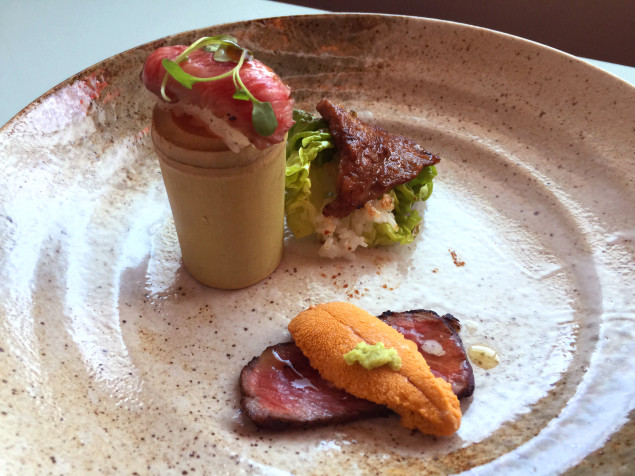 Wagyu sushi with white truffle ponzu, BBQ seared Wagyu with Boston bibb lettuce and steamed rice, Wagyu with uni and sea salt. Photo by Wes Wells.