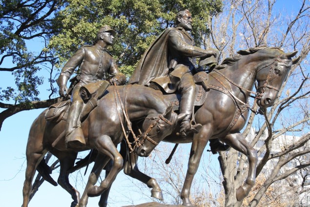 This statue of Confederate General Robert E. Lee overlooks Lee Park in Dallas.